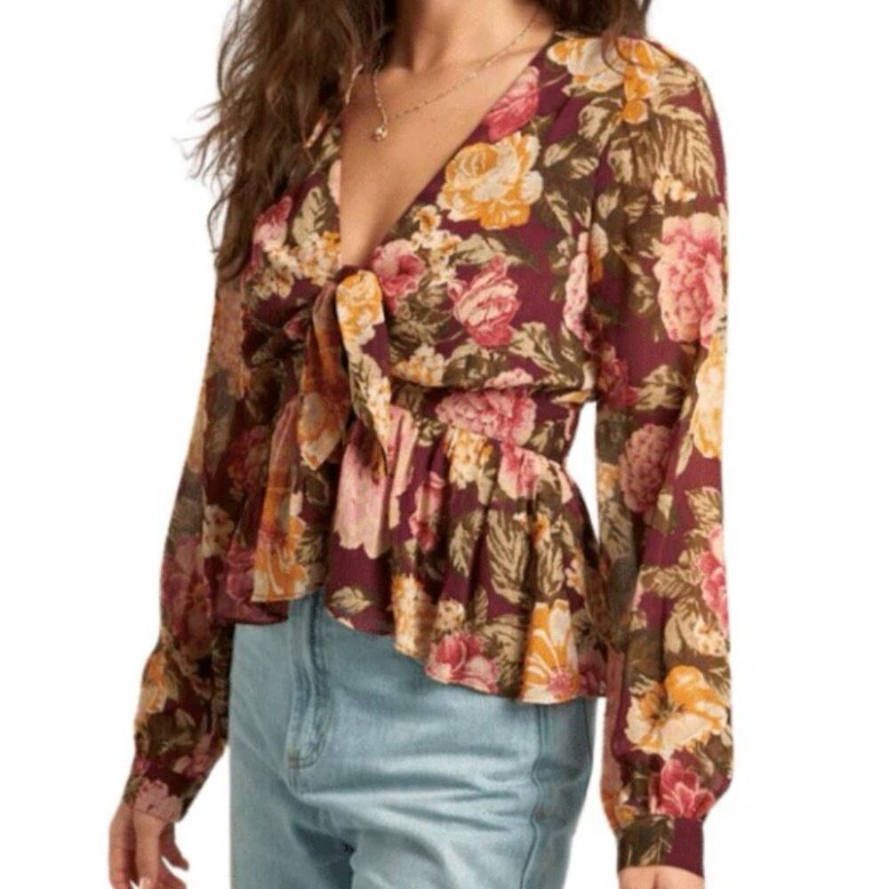 EN CRÈME | NWT Blouse floral Maroon Yellow Green Pink Tie Deep-V Top | Size XL